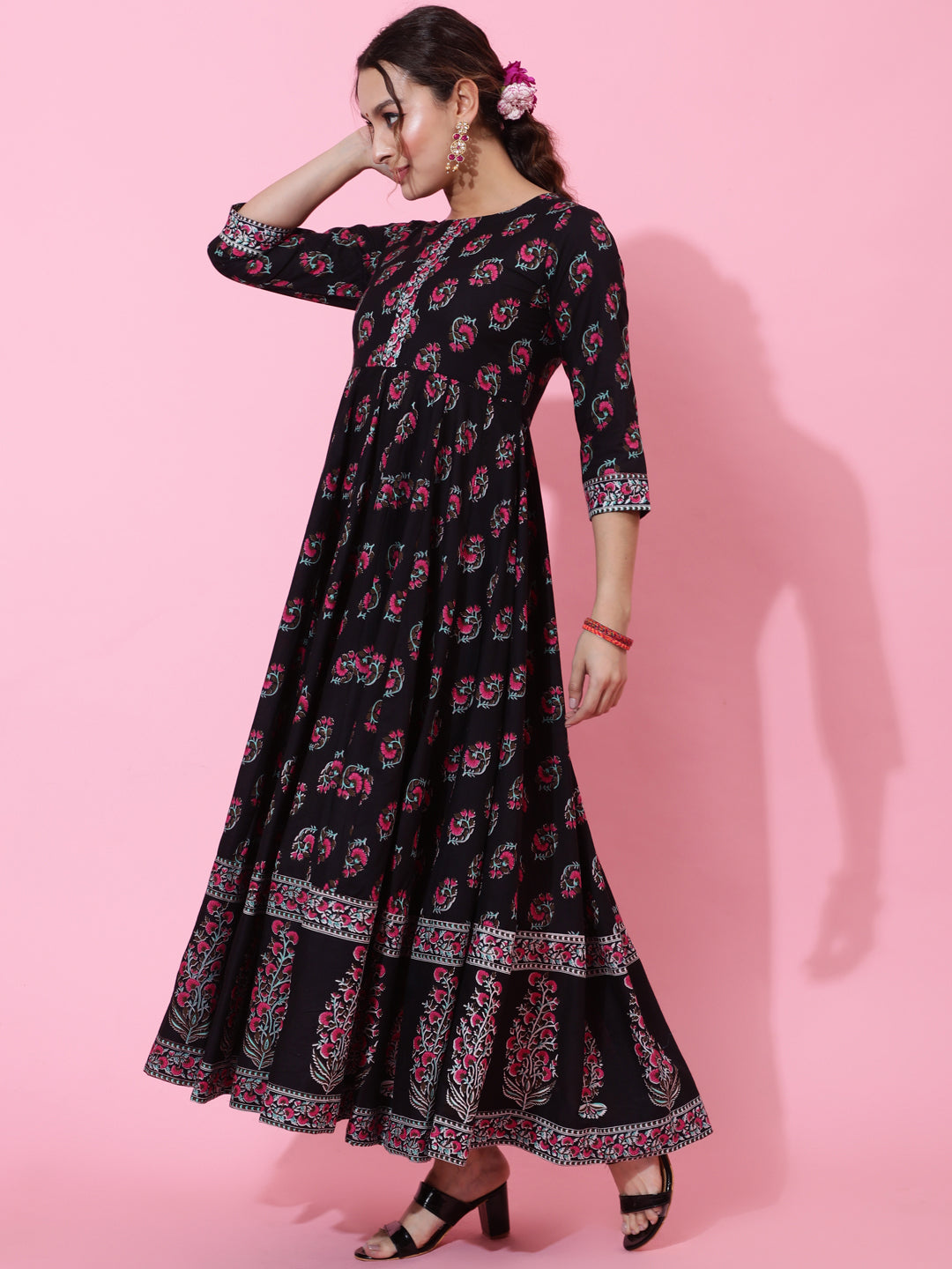 Cotton Ankle Length Printed Flared 3/4 Sleeves Round Neck Kurta