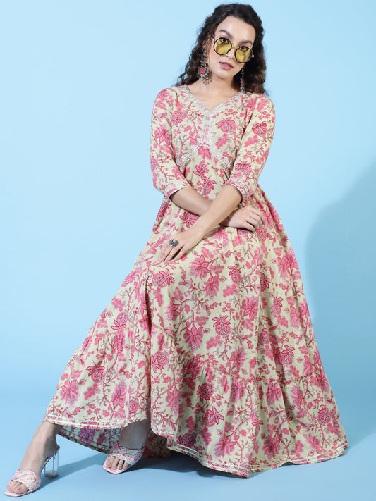 Cotton Ankle Length Printed Flared 3/4 Sleeves Sweetheart Neck Kurta