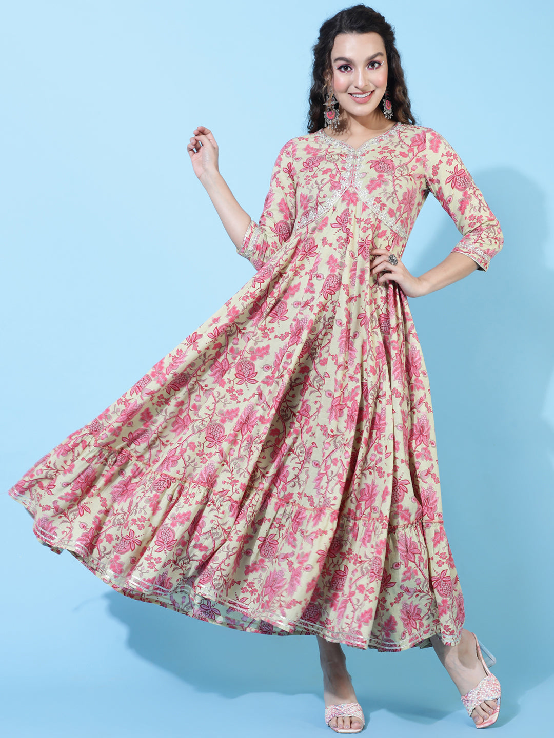 Cotton Ankle Length Printed Flared 3/4 Sleeves Sweetheart Neck Kurta