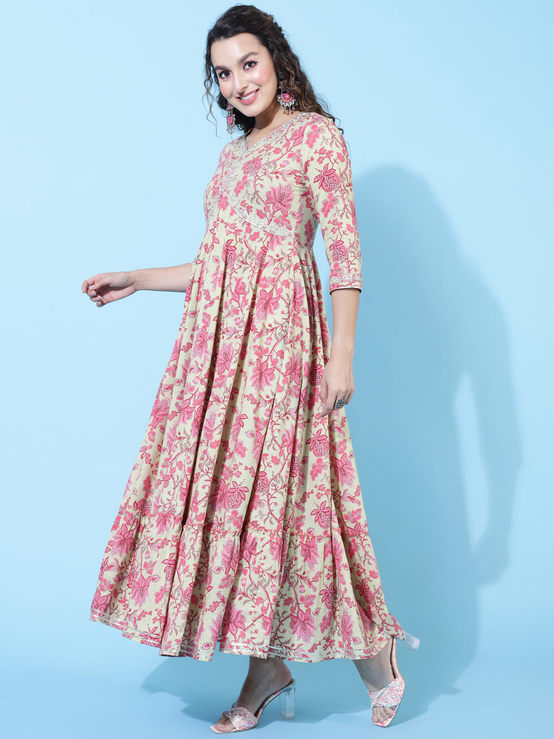 Cotton Ankle Length Printed Flared 3/4 Sleeves Sweetheart Neck Kurta