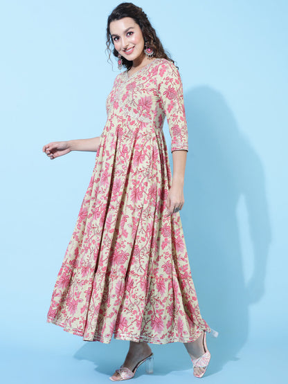 Cotton Ankle Length Printed Flared 3/4 Sleeves Sweetheart Neck Kurta