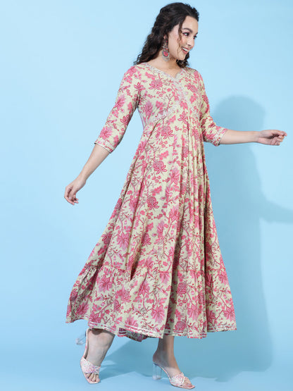 Cotton Ankle Length Printed Flared 3/4 Sleeves Sweetheart Neck Kurta