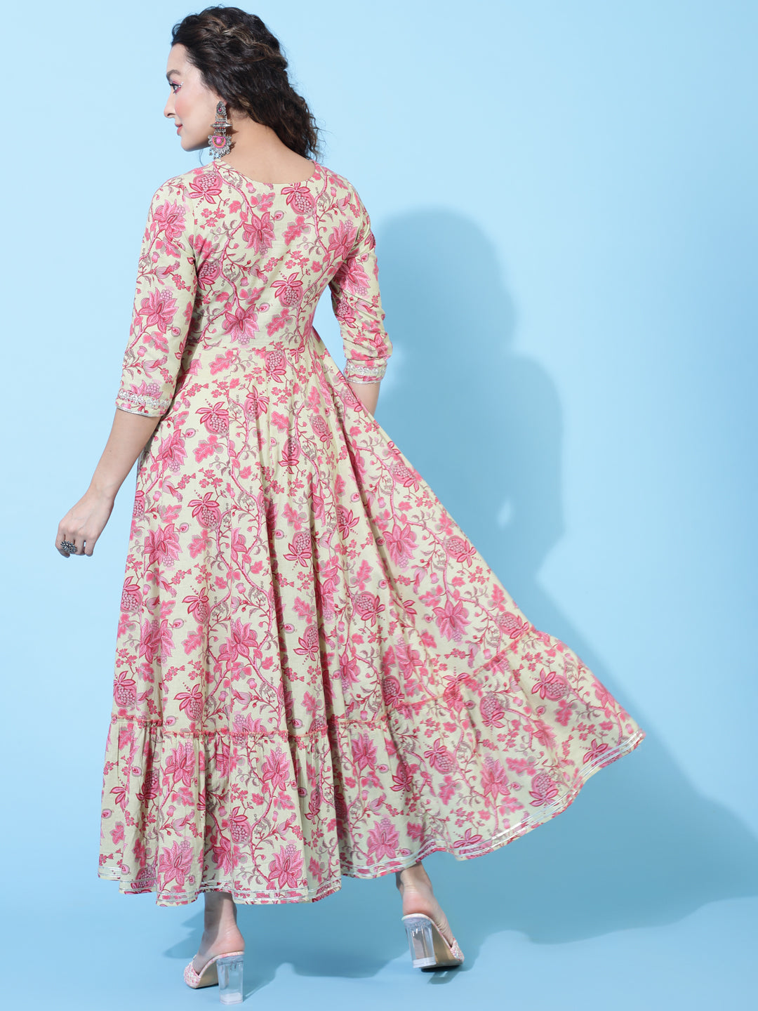 Cotton Ankle Length Printed Flared 3/4 Sleeves Sweetheart Neck Kurta