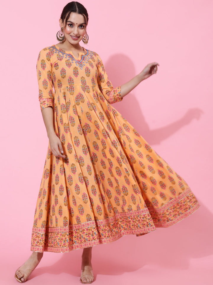 Cotton Ankle Length Printed Flared 3/4 Sleeves Round Neck Kurta