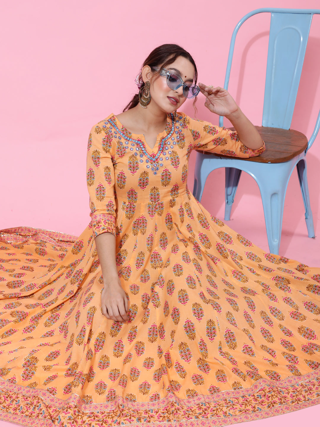 Cotton Ankle Length Printed Flared 3/4 Sleeves Round Neck Kurta