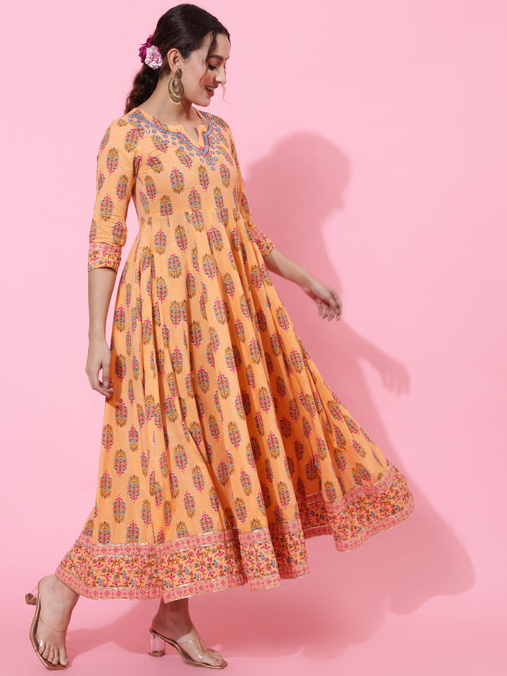 Cotton Ankle Length Printed Flared 3/4 Sleeves Round Neck Kurta