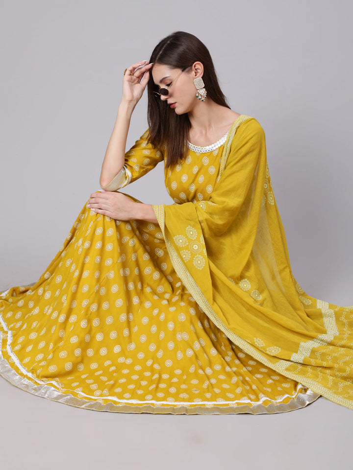 Rayon Ankle Length Printed Flared 3/4 Sleeve Round Neck Kurta Dupatta Set