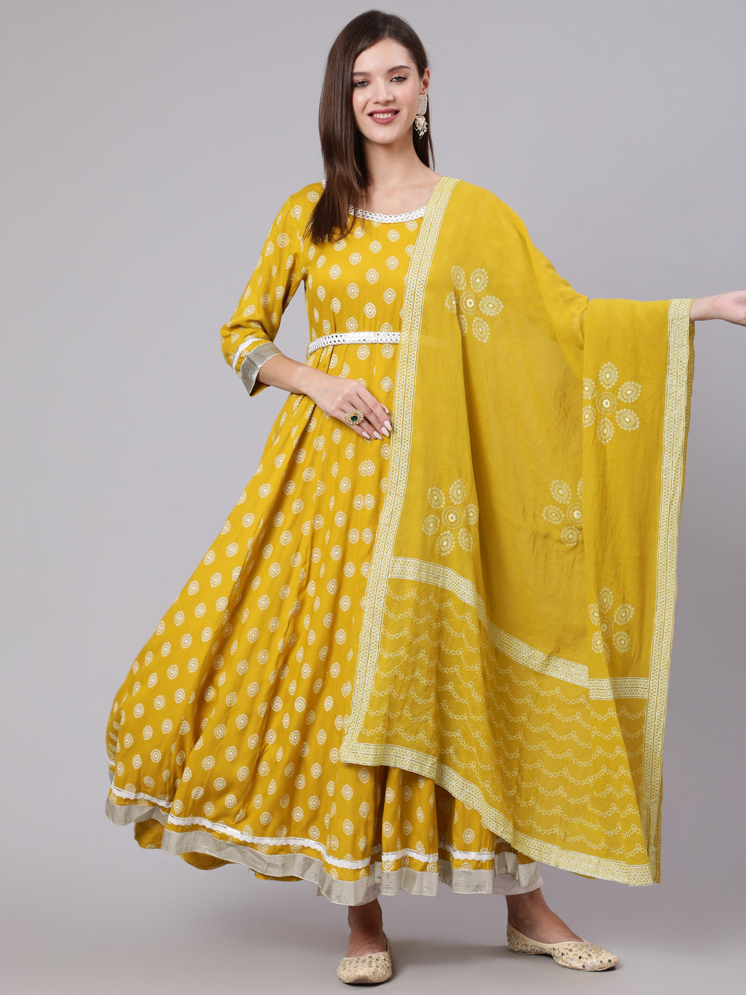 Rayon Ankle Length Printed Flared 3/4 Sleeve Round Neck Kurta Dupatta Set