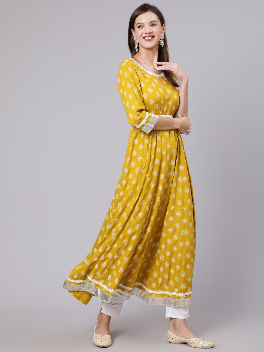 Rayon Ankle Length Printed Flared 3/4 Sleeve Round Neck Kurta Dupatta Set