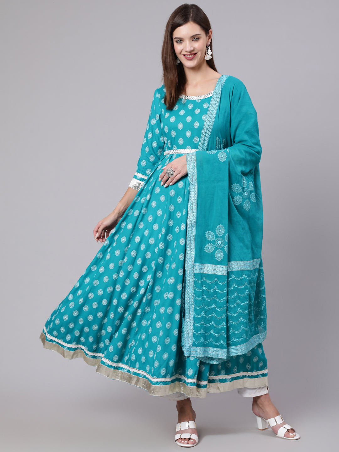 Rayon Ankle Length Printed Flared 3/4 Sleeve Round Neck Kurta Dupatta Set