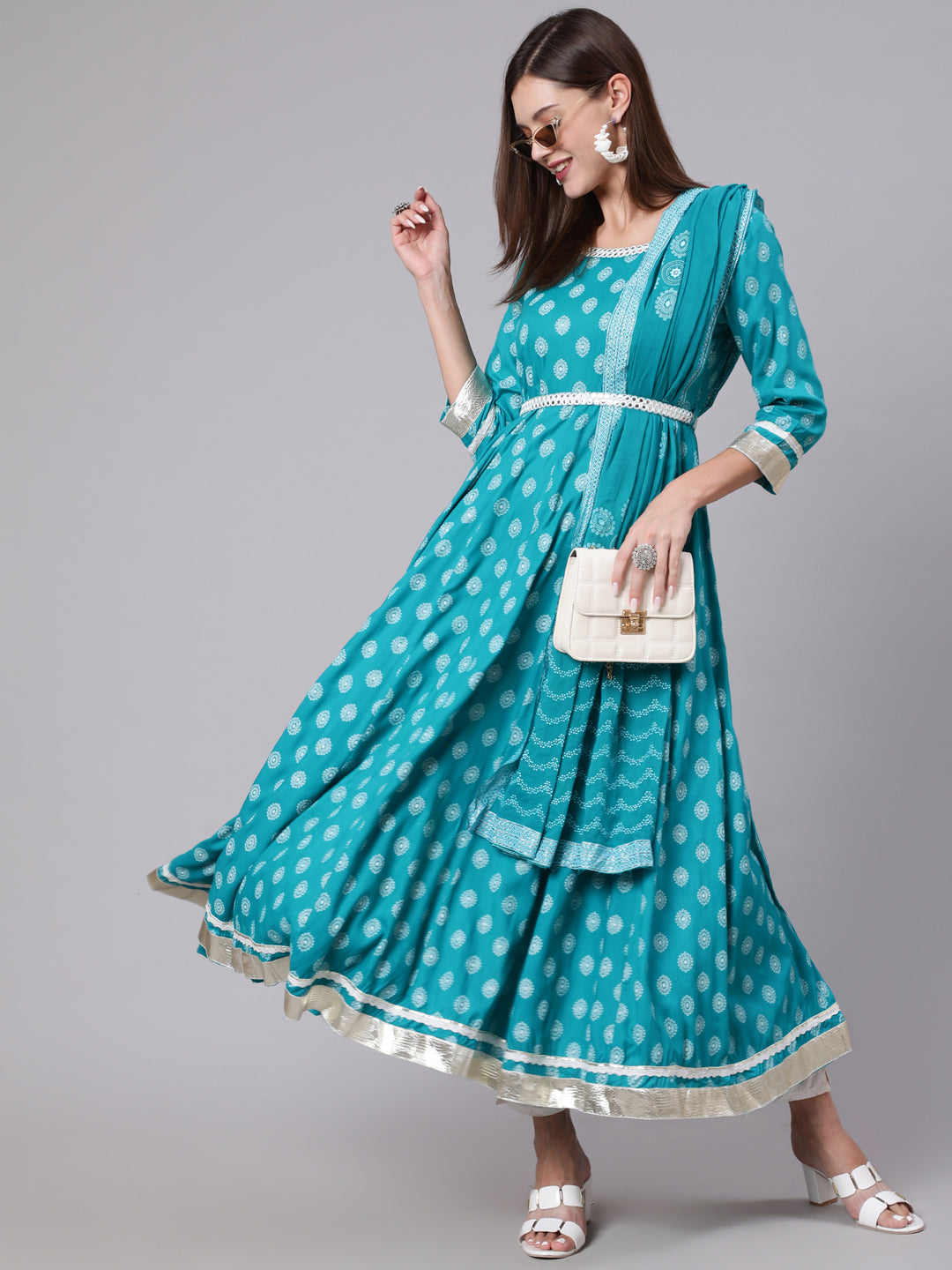 Rayon Ankle Length Printed Flared 3/4 Sleeve Round Neck Kurta Dupatta Set