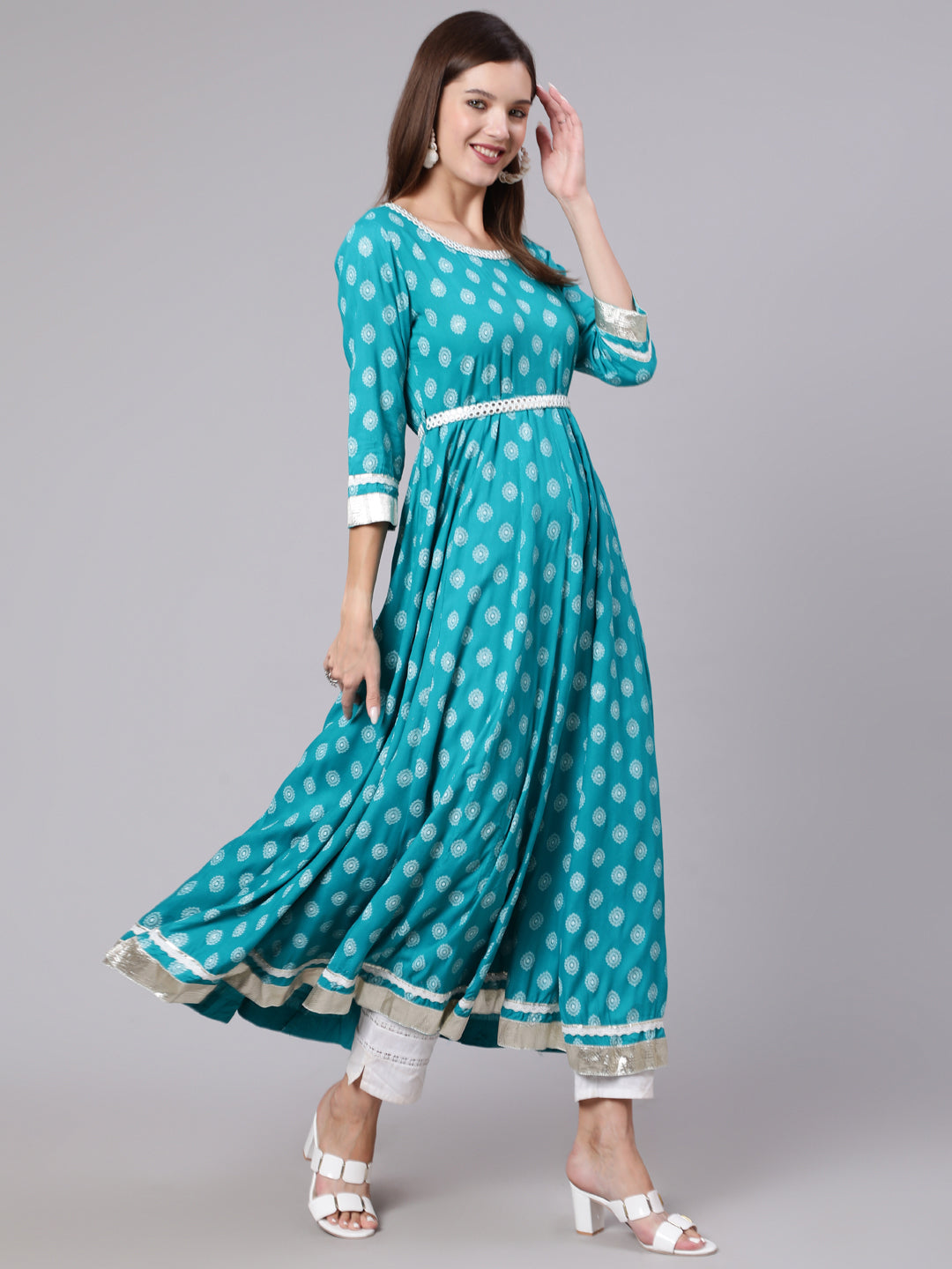 Rayon Ankle Length Printed Flared 3/4 Sleeve Round Neck Kurta Dupatta Set
