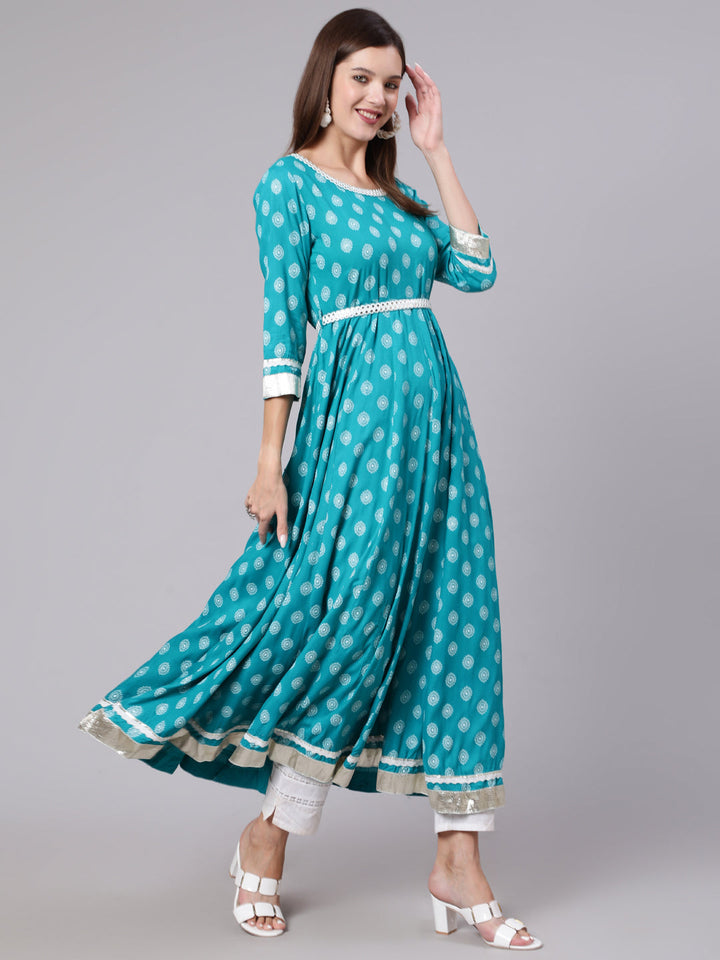 Rayon Ankle Length Printed Flared 3/4 Sleeve Round Neck Kurta Dupatta Set
