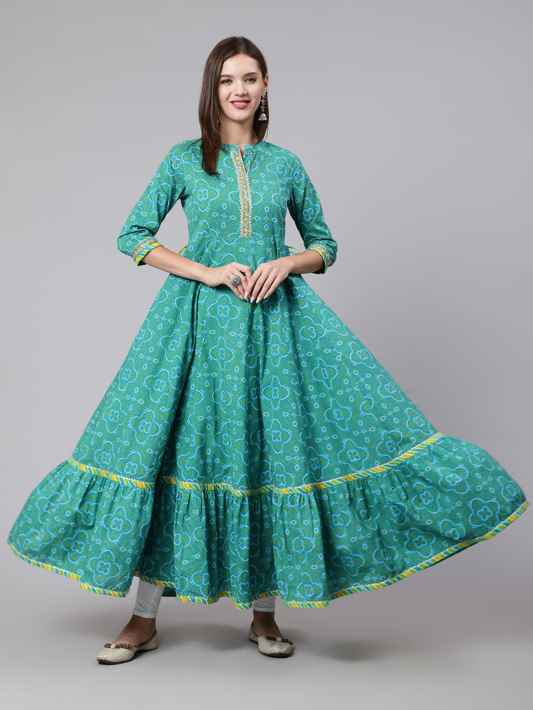 Cotton Ankle Length Bandhani Print Flared 3/4 Sleeve Collar Neck Kurta
