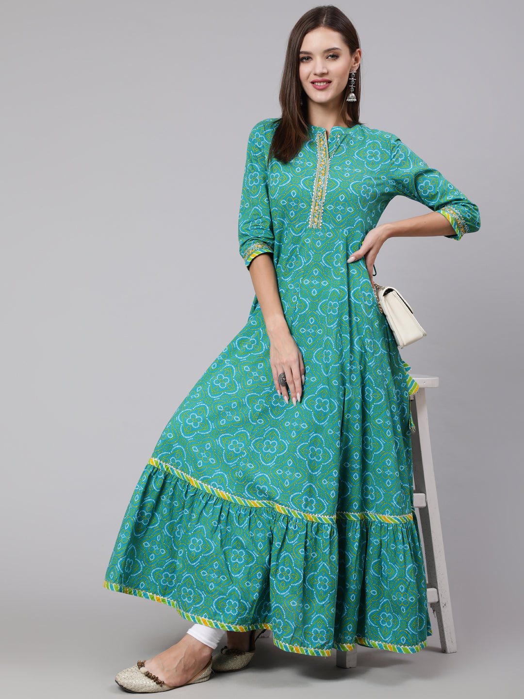 Cotton Ankle Length Bandhani Print Flared 3/4 Sleeve Collar Neck Kurta