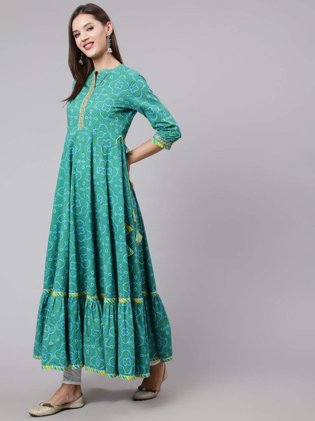 Cotton Ankle Length Bandhani Print Flared 3/4 Sleeve Collar Neck Kurta