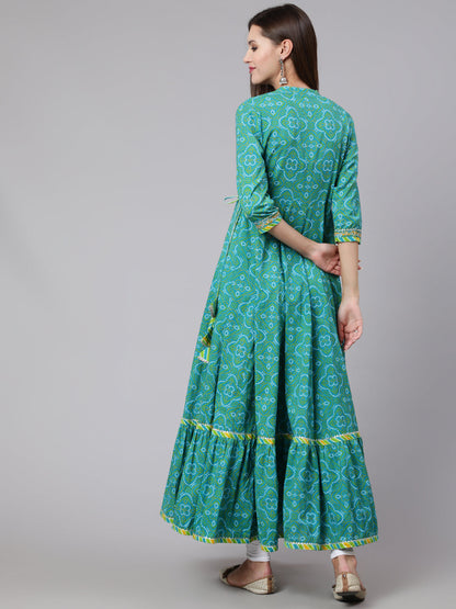 Cotton Ankle Length Bandhani Print Flared 3/4 Sleeve Collar Neck Kurta