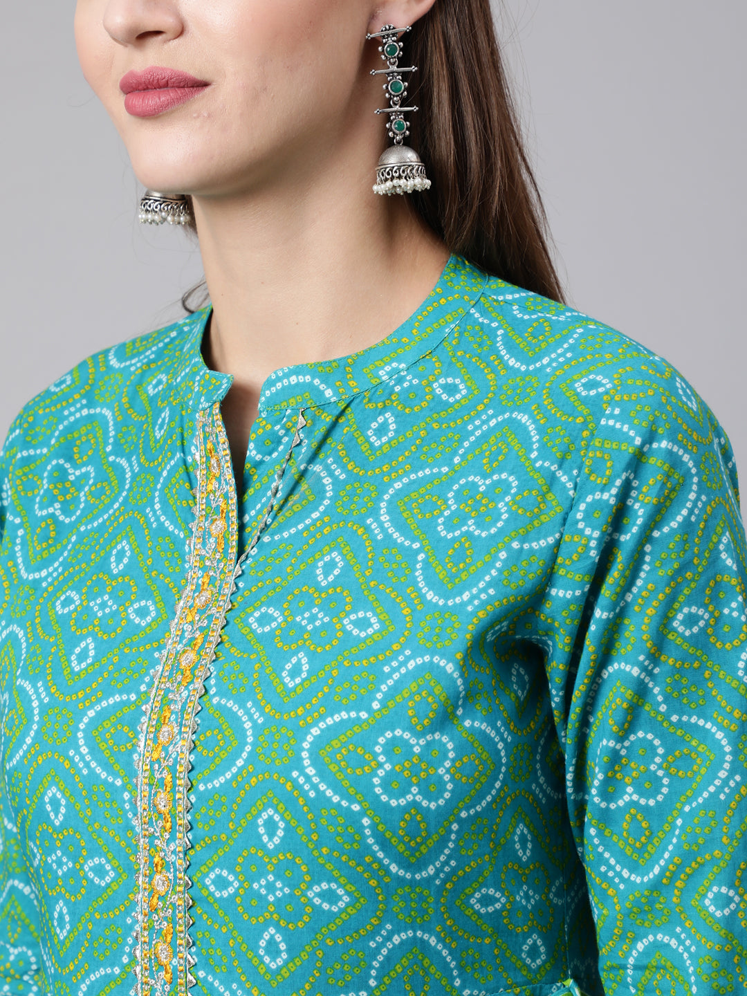 Cotton Ankle Length Bandhani Print Flared 3/4 Sleeve Collar Neck Kurta