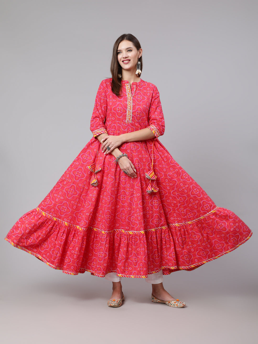 Cotton Ankle Length Bandhani Print Flared 3/4 Sleeve Collar Neck Kurta