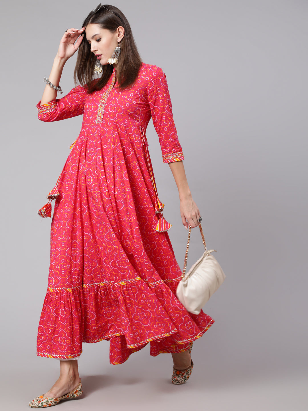 Cotton Ankle Length Bandhani Print Flared 3/4 Sleeve Collar Neck Kurta