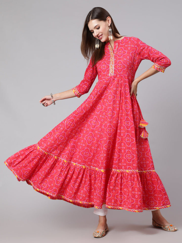 Cotton Ankle Length Bandhani Print Flared 3/4 Sleeve Collar Neck Kurta