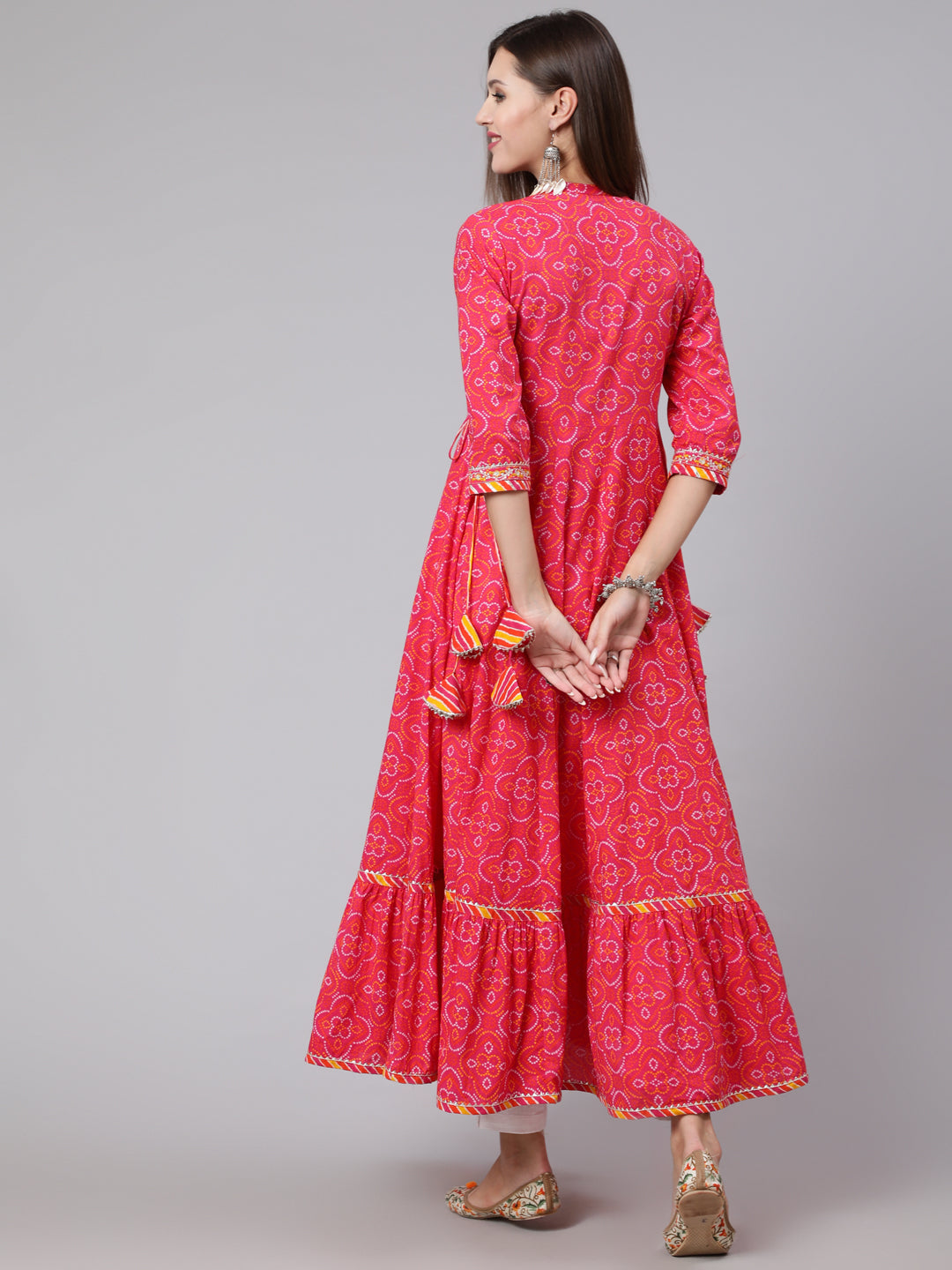 Cotton Ankle Length Bandhani Print Flared 3/4 Sleeve Collar Neck Kurta