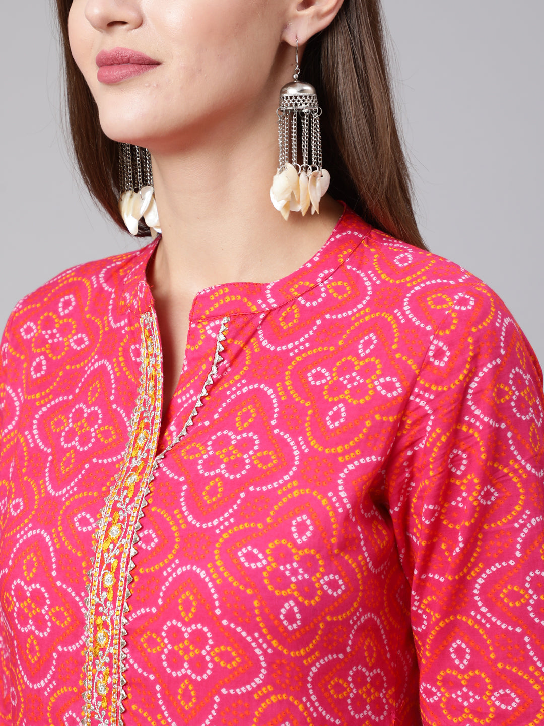 Cotton Ankle Length Bandhani Print Flared 3/4 Sleeve Collar Neck Kurta