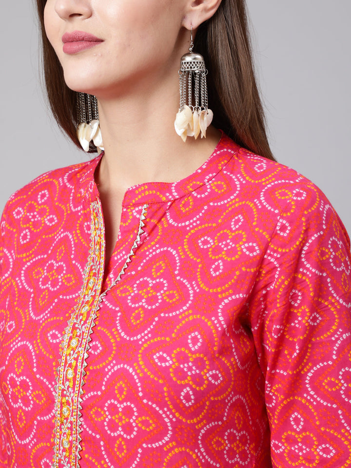 Cotton Ankle Length Bandhani Print Flared 3/4 Sleeve Collar Neck Kurta
