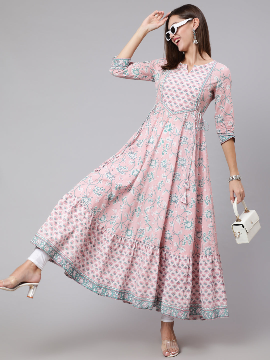 Cotton Ankle Length Printed Flared 3/4 Sleeve Round Neck Kurta