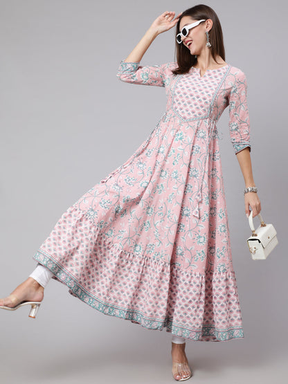 Cotton Ankle Length Printed Flared 3/4 Sleeve Round Neck Kurta