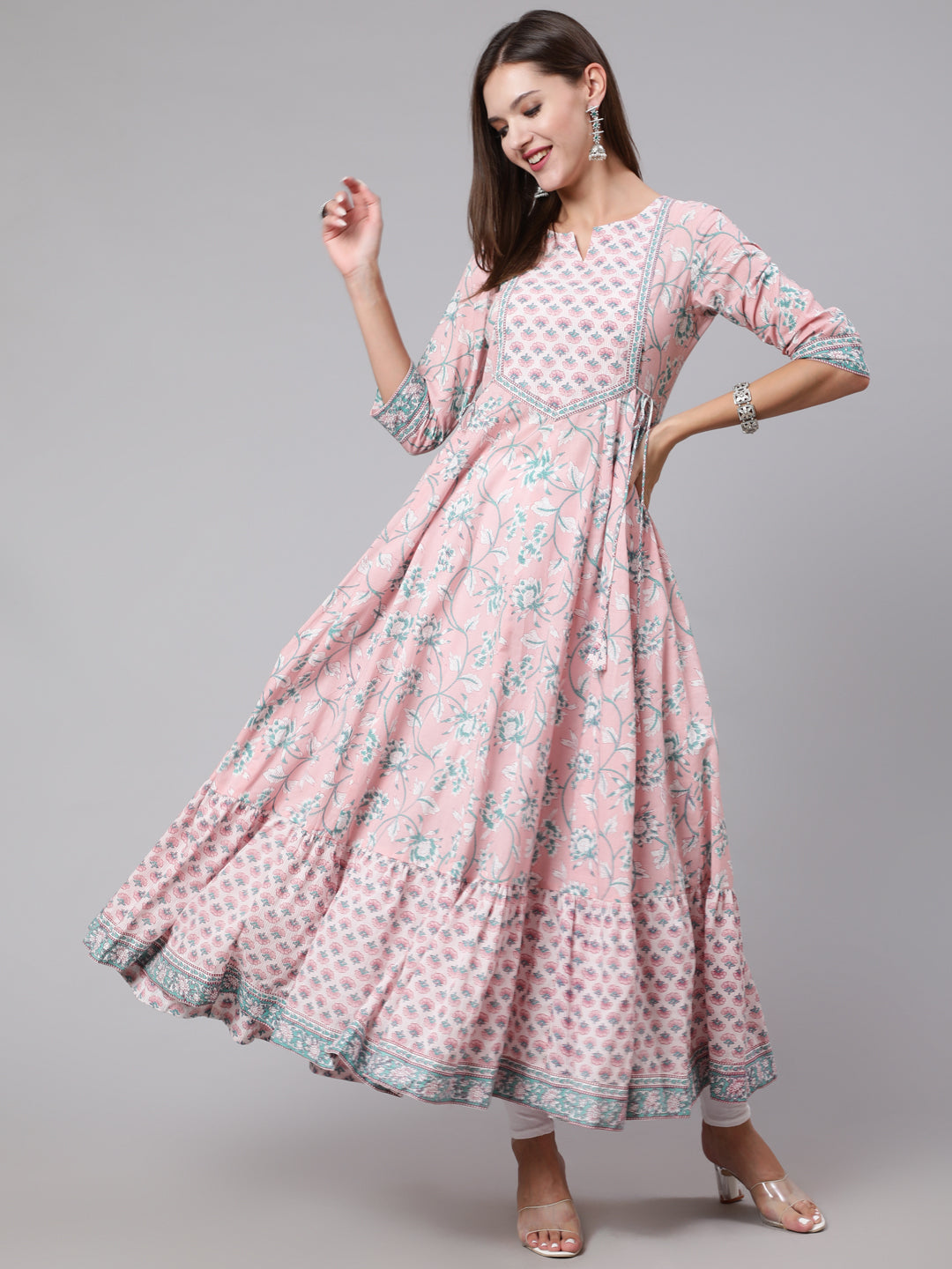 Cotton Ankle Length Printed Flared 3/4 Sleeve Round Neck Kurta