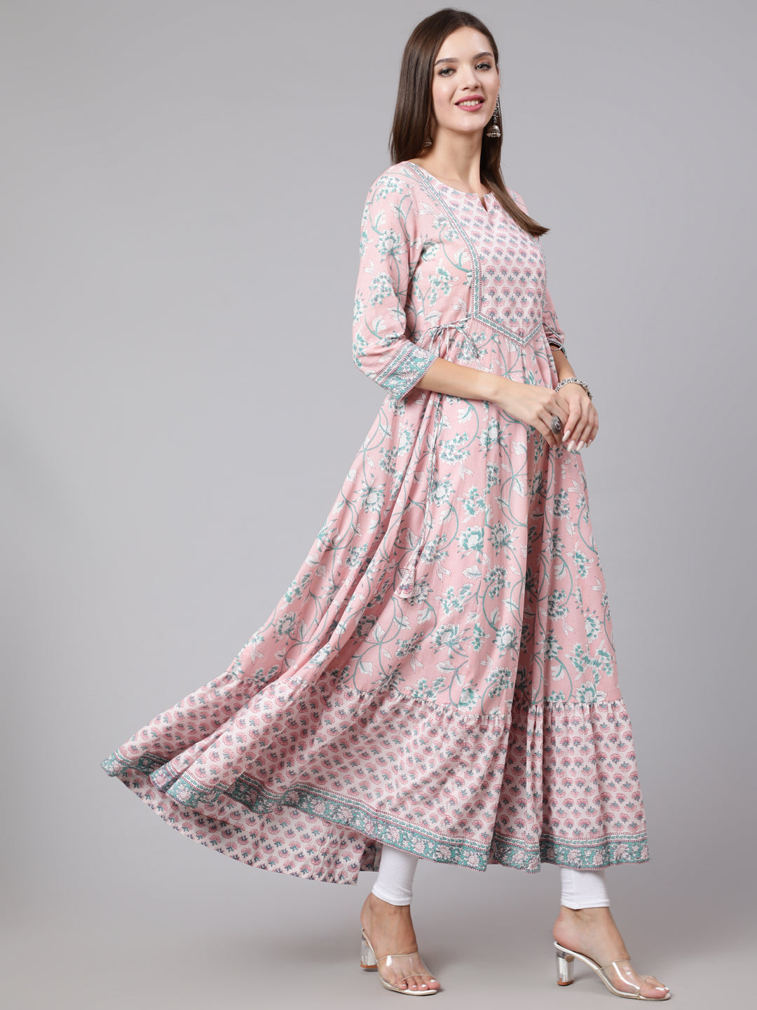 Cotton Ankle Length Printed Flared 3/4 Sleeve Round Neck Kurta