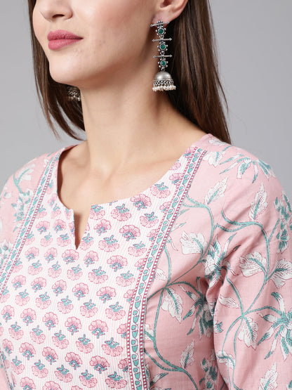 Cotton Ankle Length Printed Flared 3/4 Sleeve Round Neck Kurta