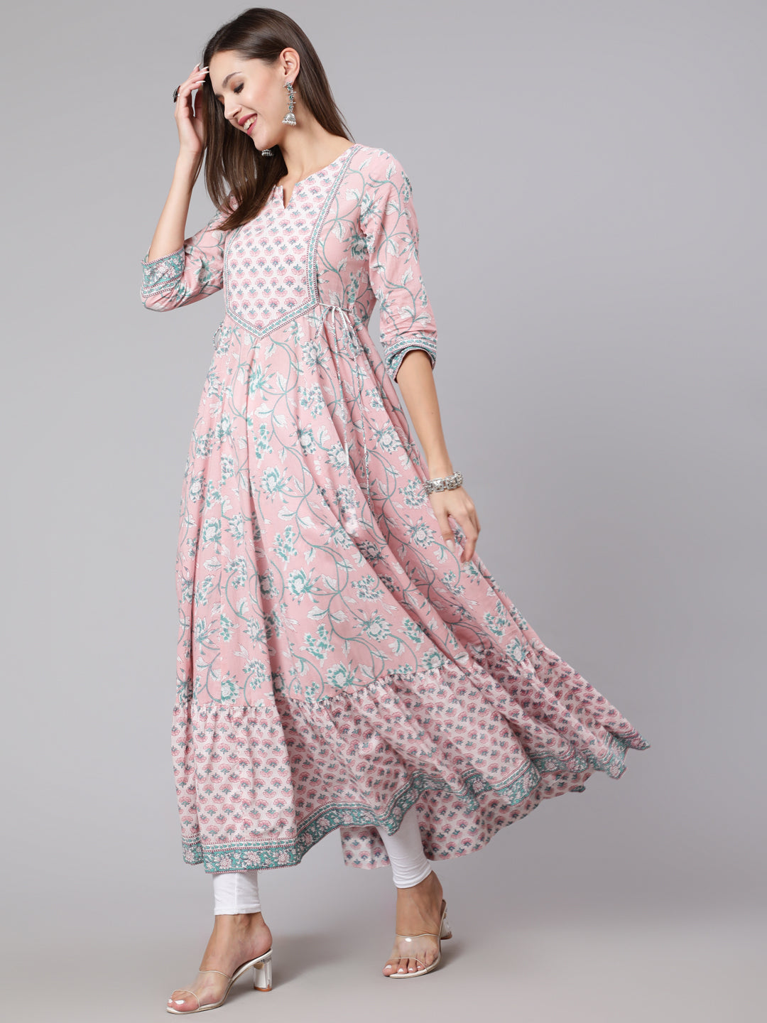 Cotton Ankle Length Printed Flared 3/4 Sleeve Round Neck Kurta