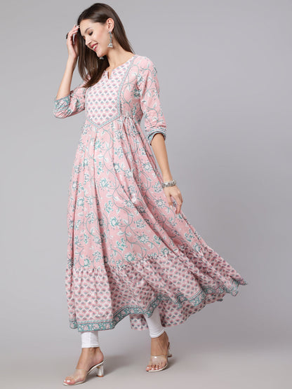 Cotton Ankle Length Printed Flared 3/4 Sleeve Round Neck Kurta