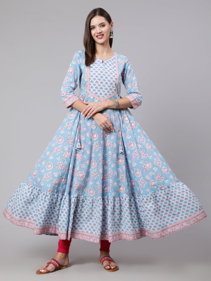 Cotton Ankle Length Printed Flared 3/4 Sleeve Round Neck Kurta