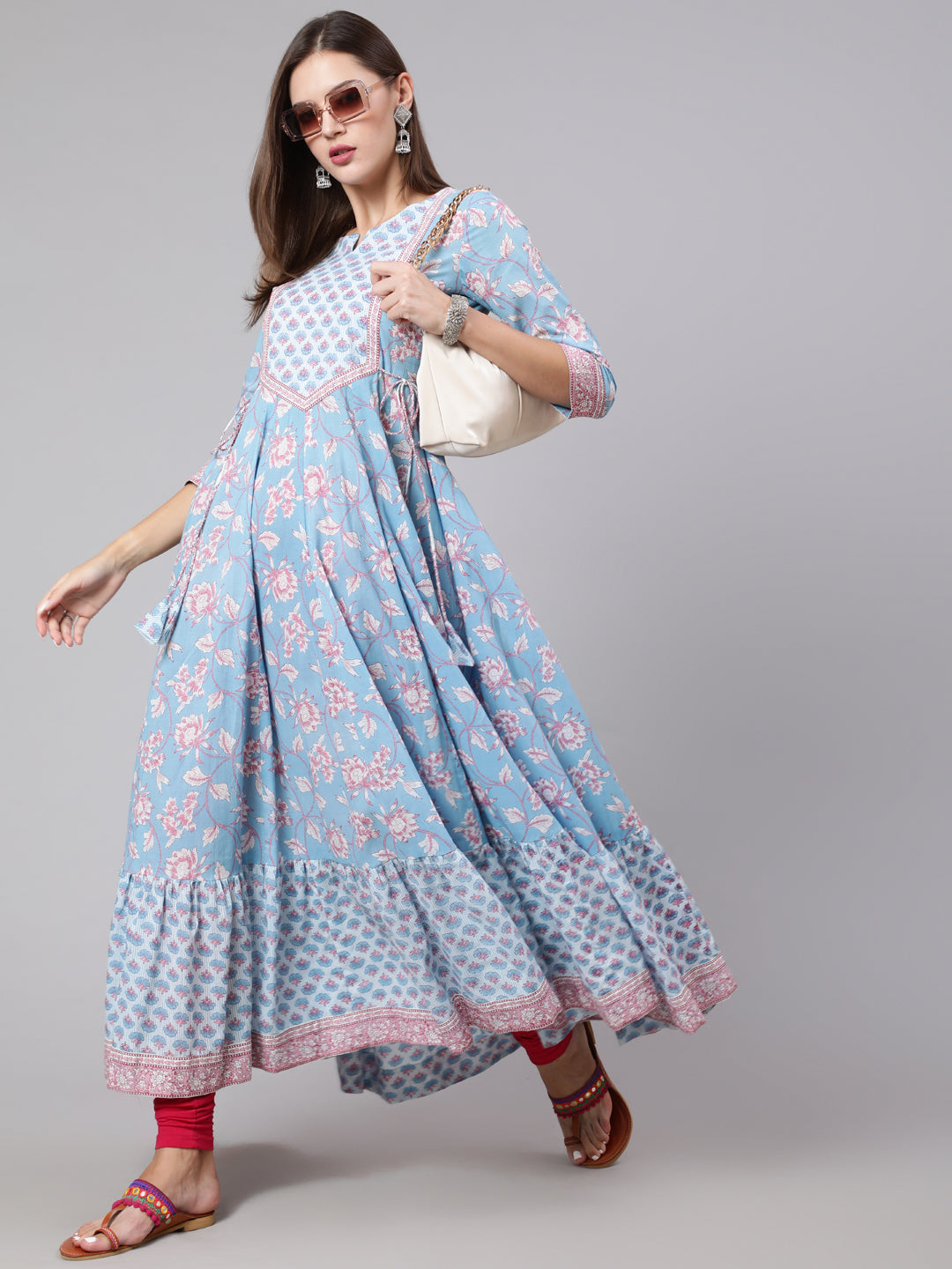 Cotton Ankle Length Printed Flared 3/4 Sleeve Round Neck Kurta