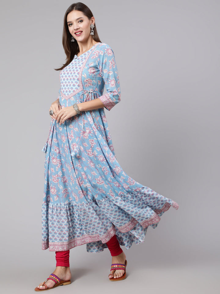 Cotton Ankle Length Printed Flared 3/4 Sleeve Round Neck Kurta