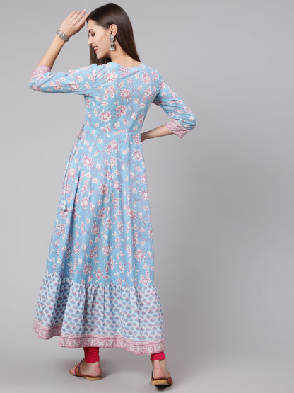 Cotton Ankle Length Printed Flared 3/4 Sleeve Round Neck Kurta