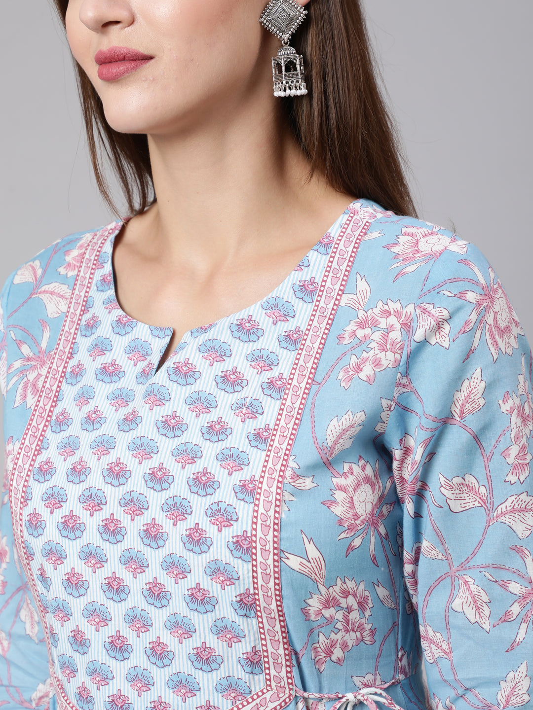 Cotton Ankle Length Printed Flared 3/4 Sleeve Round Neck Kurta