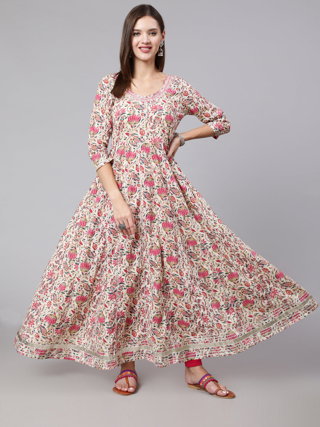 Cotton Ankle Length Printed Flared 3/4 Sleeve Round Neck Kurta