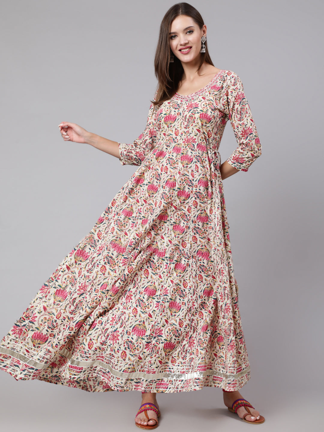 Cotton Ankle Length Printed Flared 3/4 Sleeve Round Neck Kurta