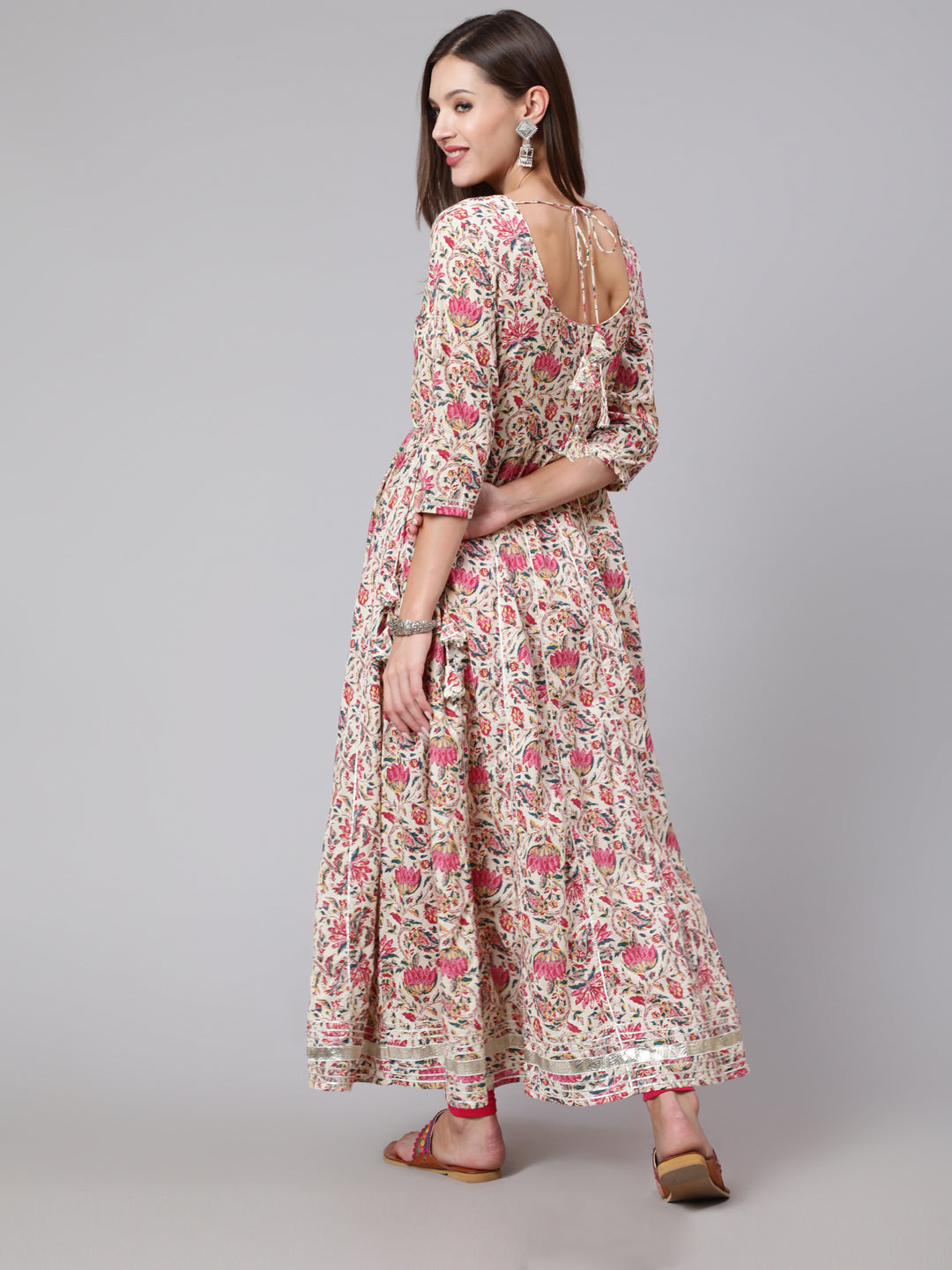 Cotton Ankle Length Printed Flared 3/4 Sleeve Round Neck Kurta