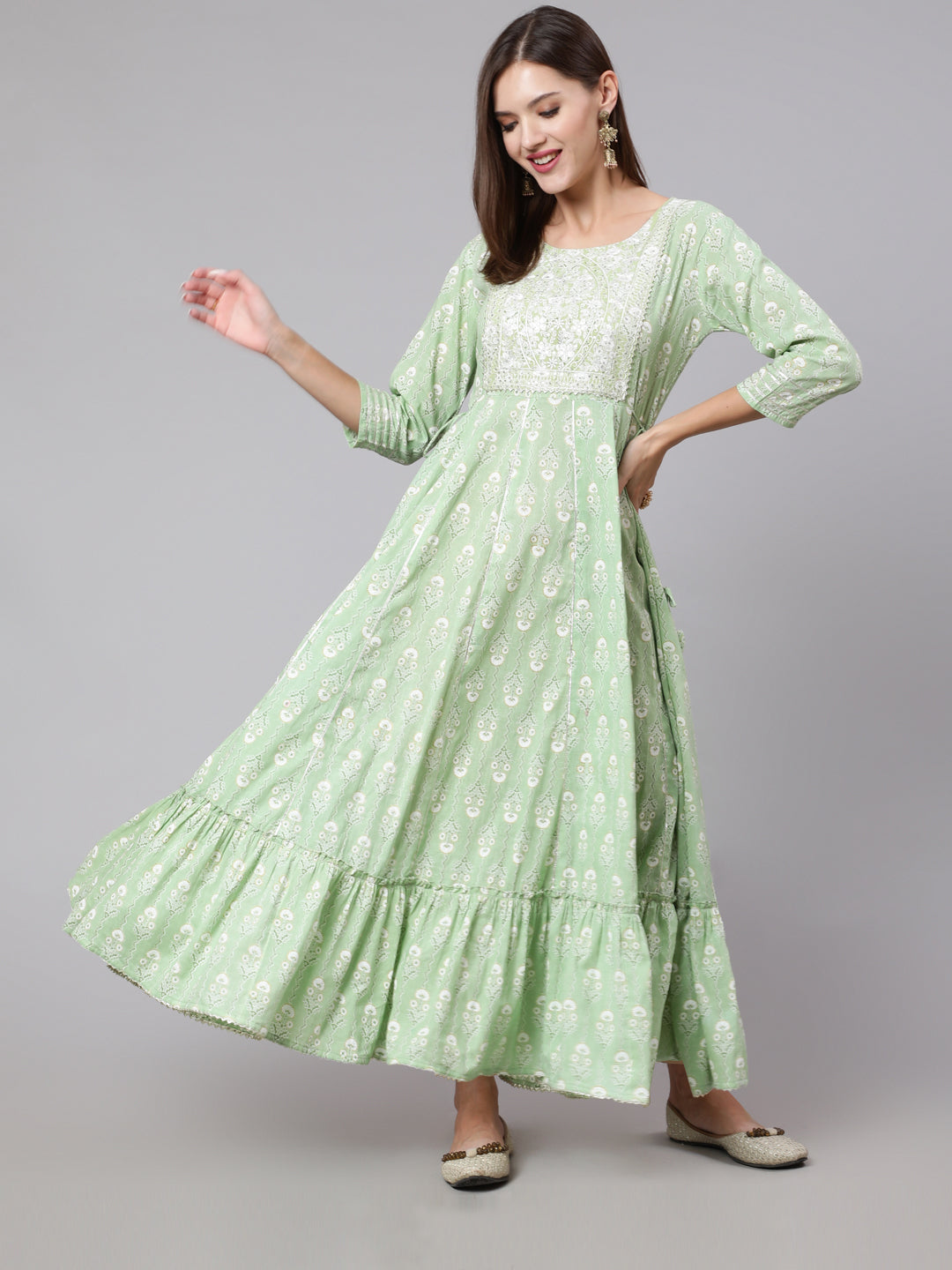 Cotton Ankle Length Printed Flared 3/4 Sleeve Round Neck Kurta