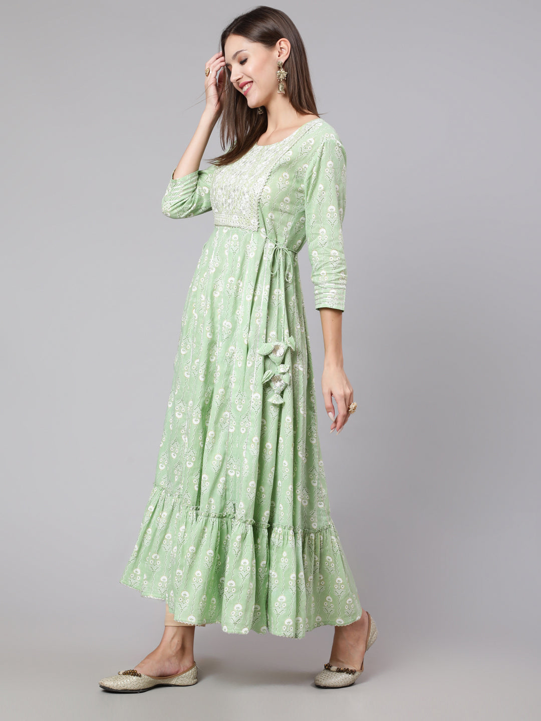 Cotton Ankle Length Printed Flared 3/4 Sleeve Round Neck Kurta