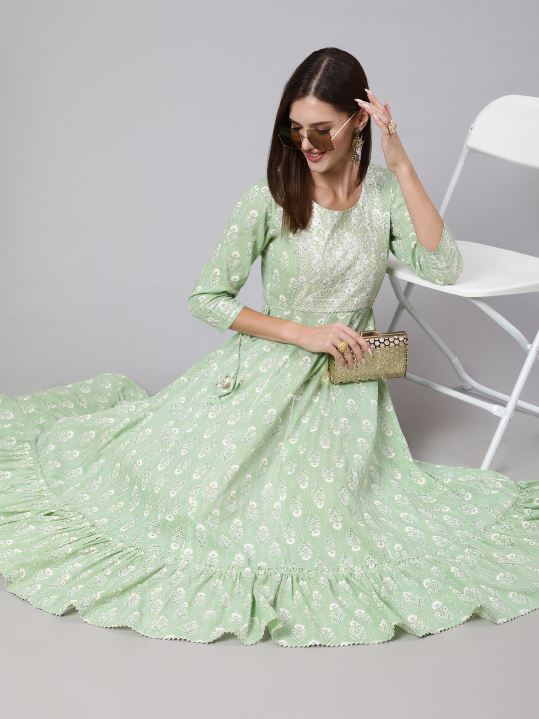 Cotton Ankle Length Printed Flared 3/4 Sleeve Round Neck Kurta