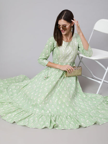 Cotton Ankle Length Printed Flared 3/4 Sleeve Round Neck Kurta