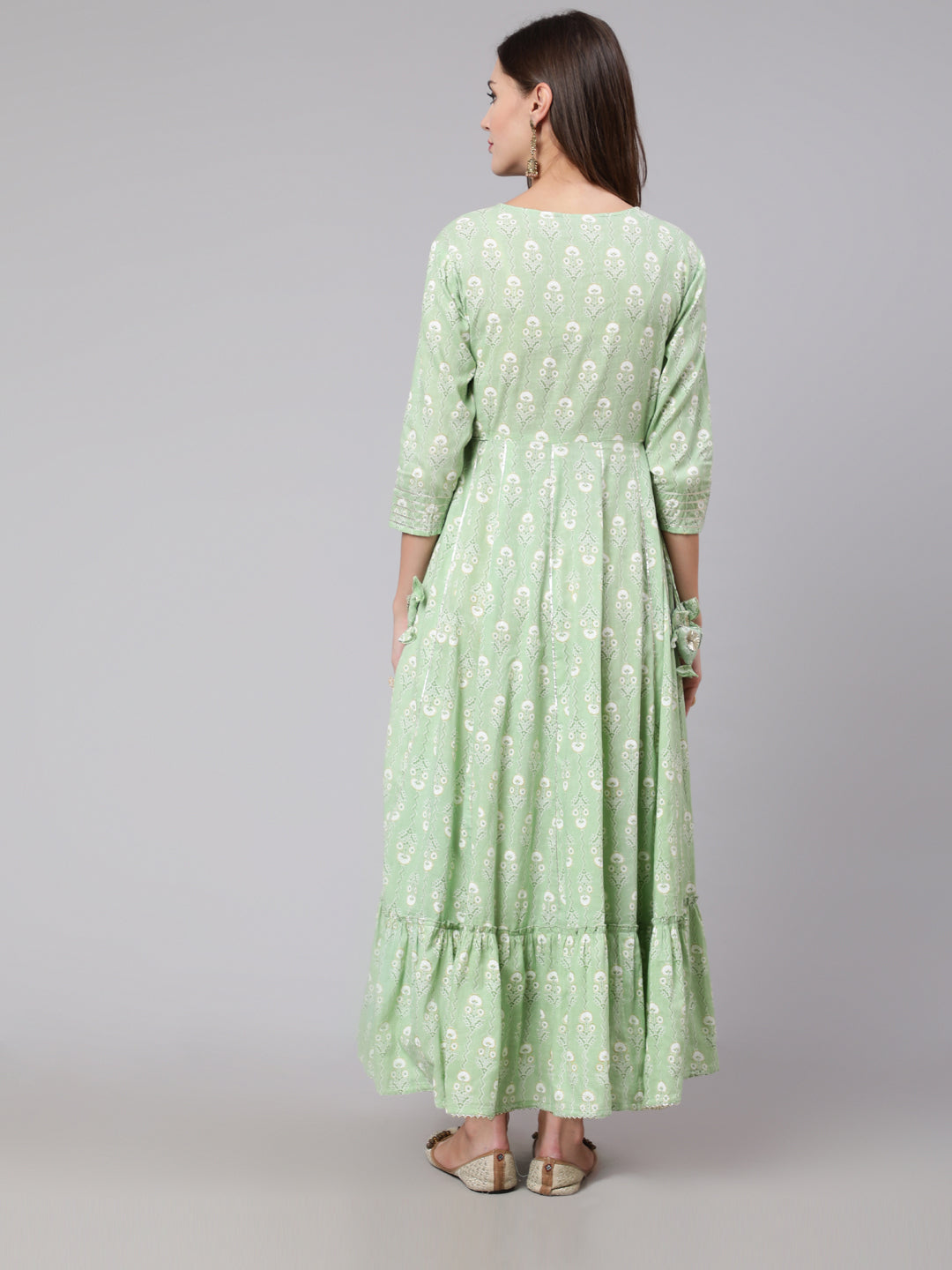 Cotton Ankle Length Printed Flared 3/4 Sleeve Round Neck Kurta