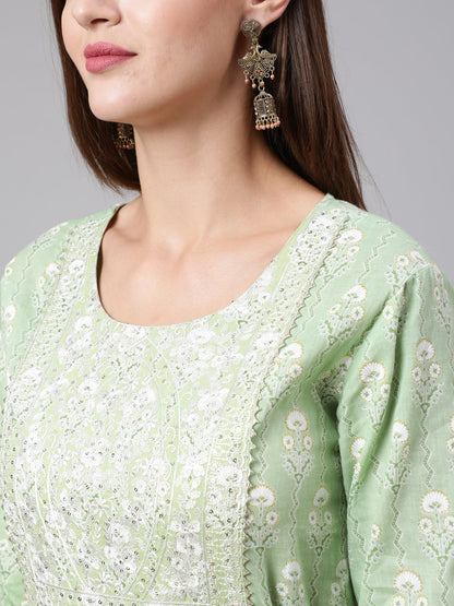 Cotton Ankle Length Printed Flared 3/4 Sleeve Round Neck Kurta