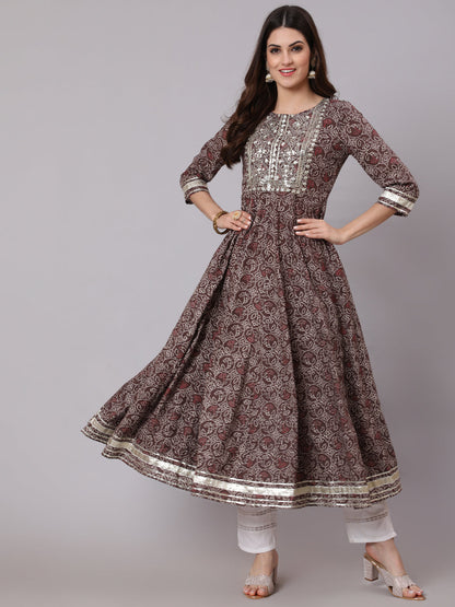 Cotton Calf Length Printed Flared 3/4 Sleeve Round Neck Kurta